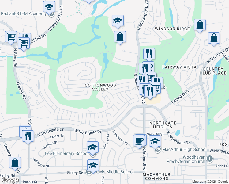 map of restaurants, bars, coffee shops, grocery stores, and more near 1221 Cottonwood Valley Drive in Irving
