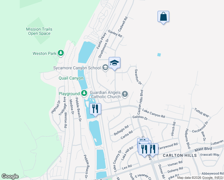 map of restaurants, bars, coffee shops, grocery stores, and more near 10107 Strathmore Drive in Santee