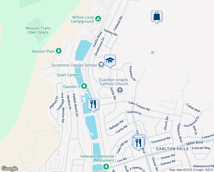 map of restaurants, bars, coffee shops, grocery stores, and more near 10107 Strathmore Drive in Santee