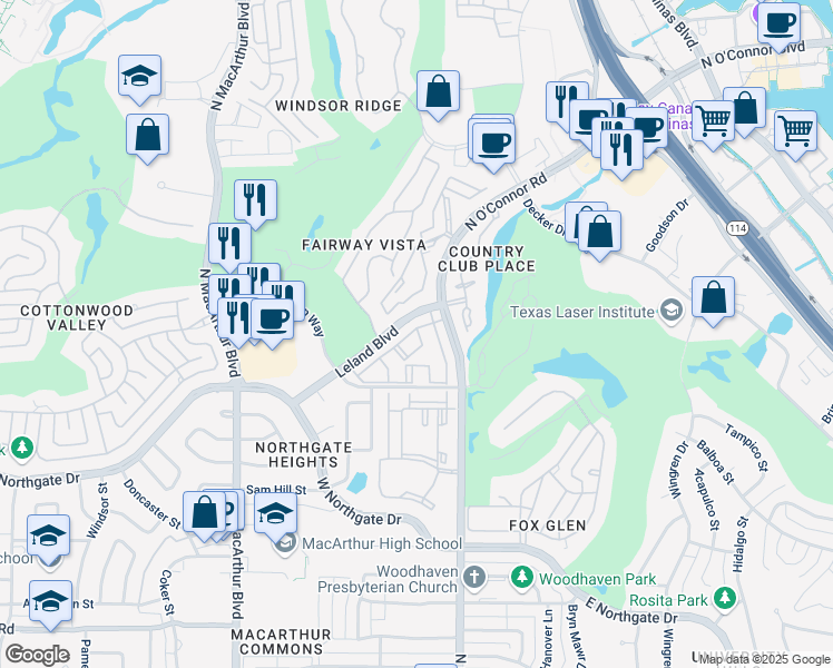 map of restaurants, bars, coffee shops, grocery stores, and more near 4531 N O'Connor Rd in Irving