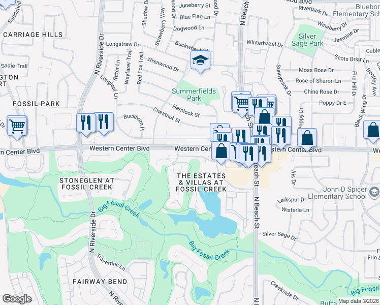 map of restaurants, bars, coffee shops, grocery stores, and more near 4205 Fairway Crossing Drive in Fort Worth