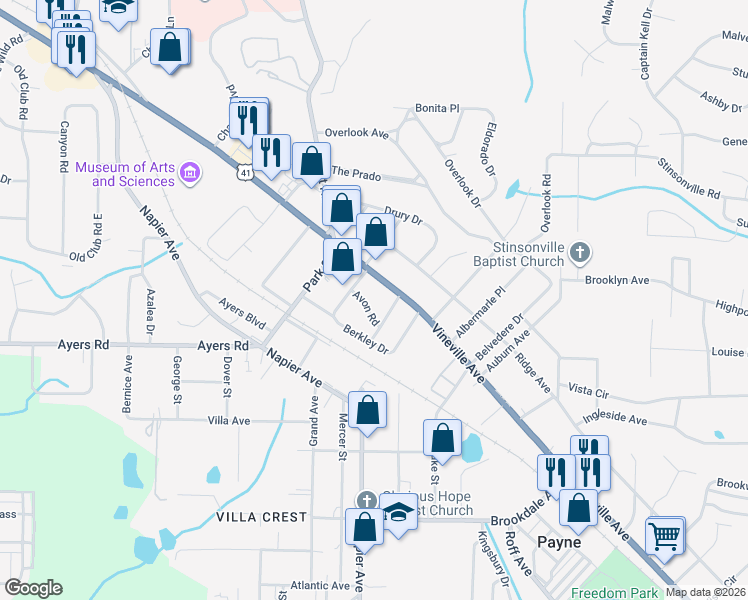 map of restaurants, bars, coffee shops, grocery stores, and more near 3764 Avon Road in Macon