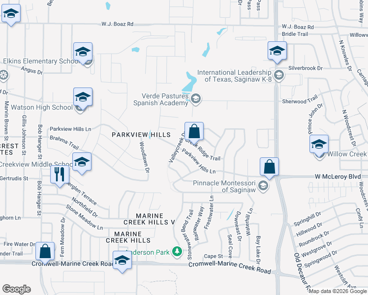 map of restaurants, bars, coffee shops, grocery stores, and more near 4952 Parkview Hills Lane in Fort Worth