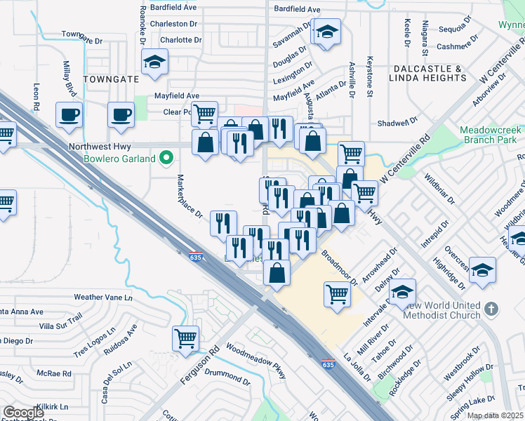 map of restaurants, bars, coffee shops, grocery stores, and more near 4692-4728 Saturn Road in Garland
