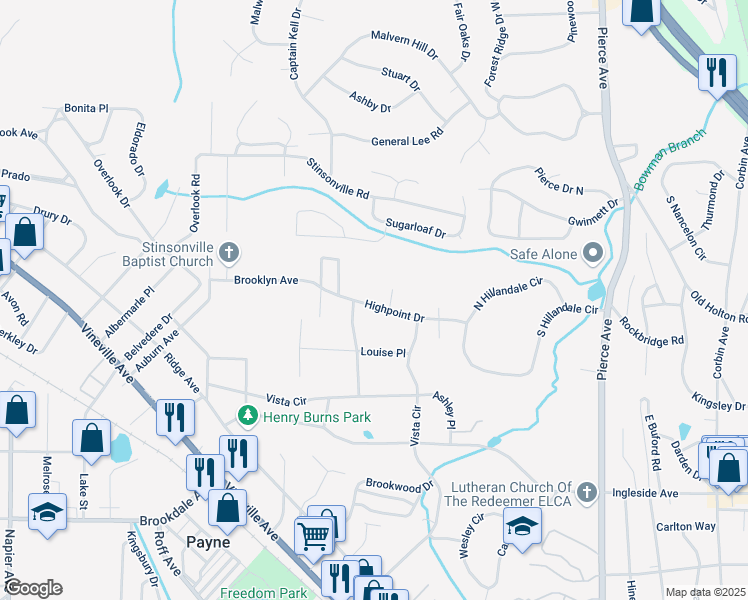 map of restaurants, bars, coffee shops, grocery stores, and more near 3163 Highpoint Drive in Macon