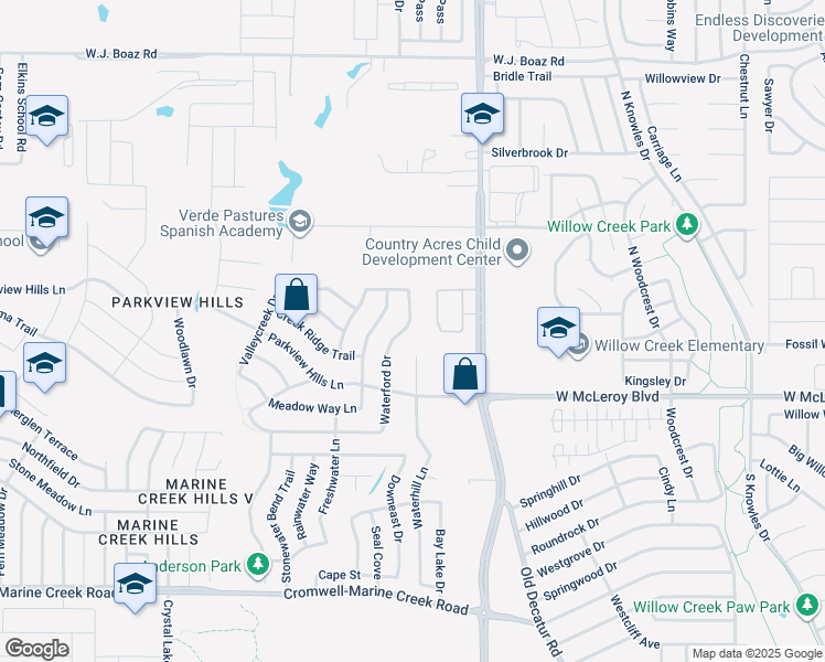 map of restaurants, bars, coffee shops, grocery stores, and more near 4549 Waterford Drive in Fort Worth