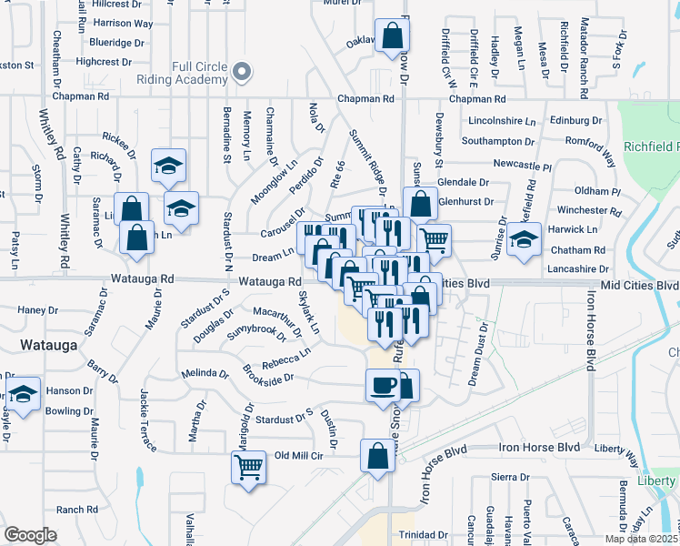 map of restaurants, bars, coffee shops, grocery stores, and more near 6441 Watauga Road in Watauga