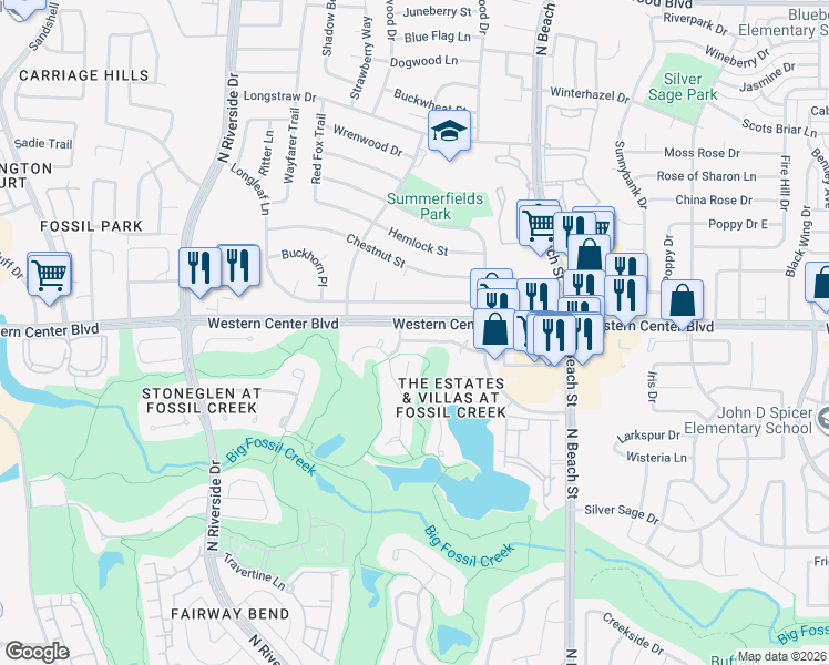 map of restaurants, bars, coffee shops, grocery stores, and more near 4205 Fairway Crossing Drive in Fort Worth
