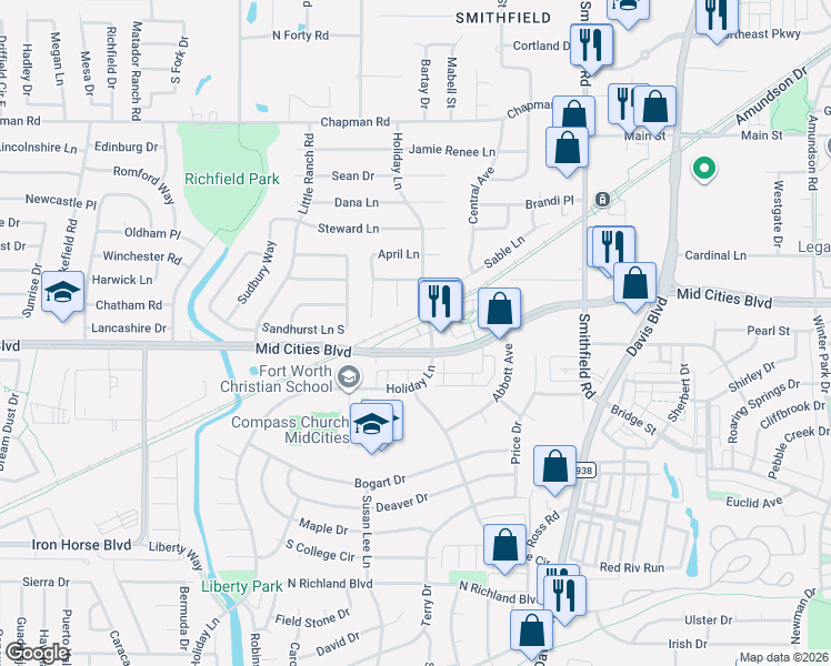 map of restaurants, bars, coffee shops, grocery stores, and more near 7585 Mid Cities Boulevard in North Richland Hills