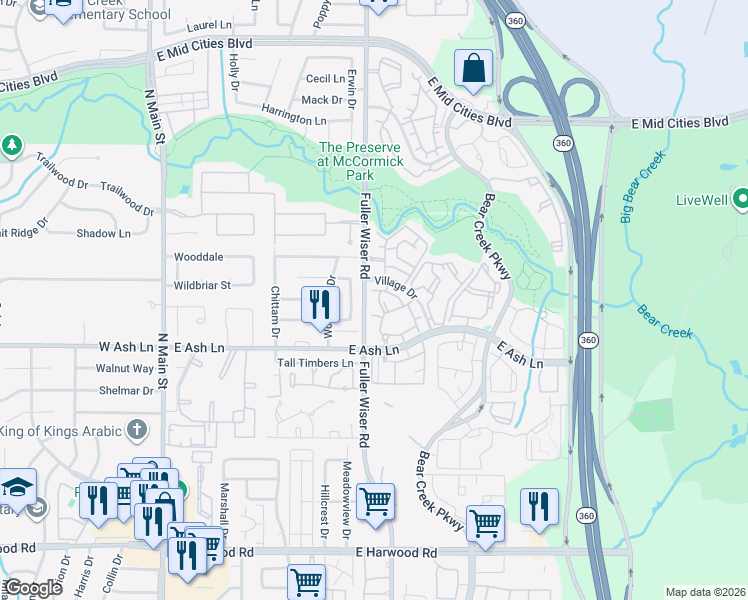 map of restaurants, bars, coffee shops, grocery stores, and more near 1704 Acorn Drive in Euless