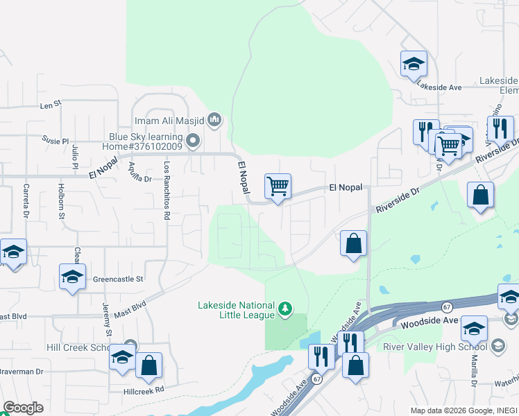 map of restaurants, bars, coffee shops, grocery stores, and more near 10252 Riverhill Lane in Lakeside