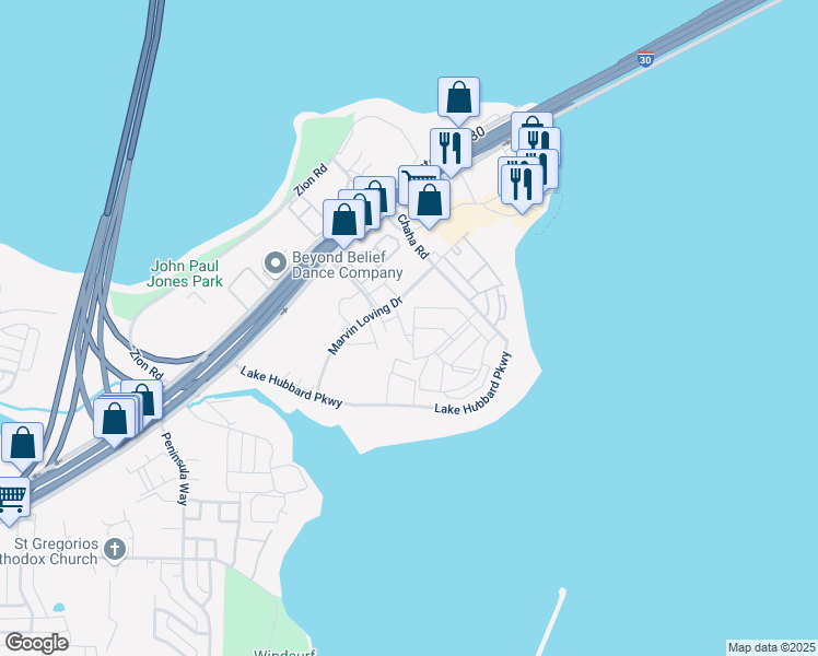map of restaurants, bars, coffee shops, grocery stores, and more near 6034 Marvin Loving Drive in Garland