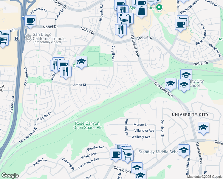 map of restaurants, bars, coffee shops, grocery stores, and more near 7833 Camino Huerta in San Diego