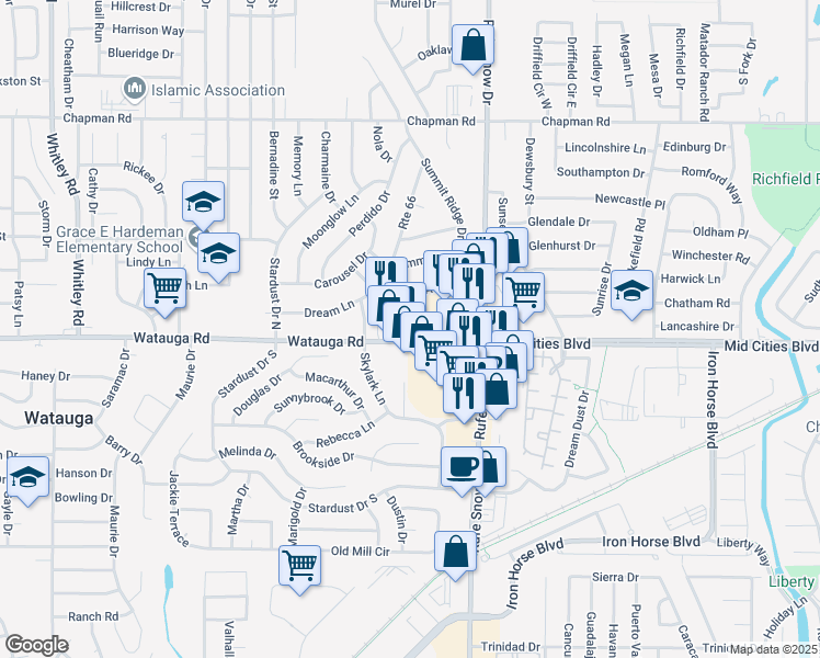 map of restaurants, bars, coffee shops, grocery stores, and more near 6441 Watauga Road in Watauga