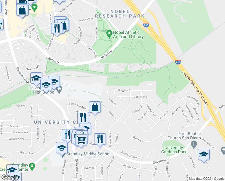 map of restaurants, bars, coffee shops, grocery stores, and more near 220 Rous Street in San Diego