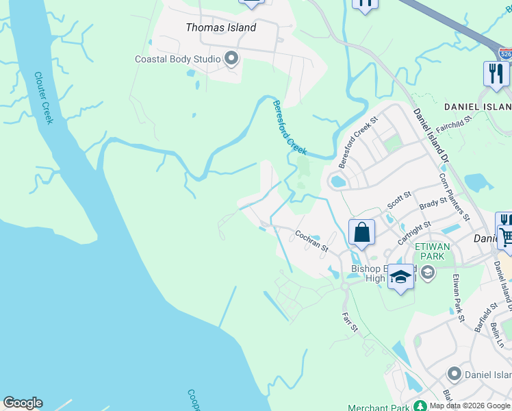 map of restaurants, bars, coffee shops, grocery stores, and more near 930 Cochran Street in Charleston