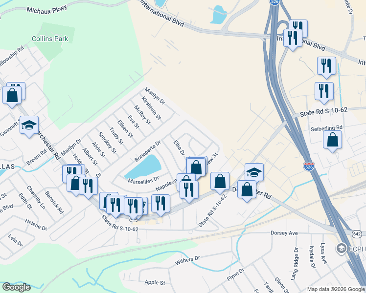 map of restaurants, bars, coffee shops, grocery stores, and more near 5179 Elba Drive in North Charleston