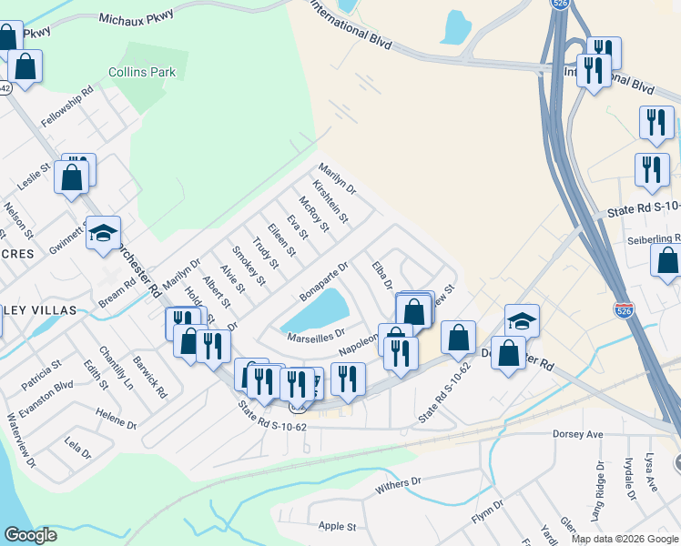 map of restaurants, bars, coffee shops, grocery stores, and more near 5210 Scarsdale Avenue in North Charleston