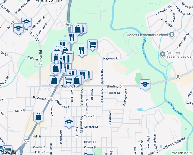 map of restaurants, bars, coffee shops, grocery stores, and more near 990 Shurling Drive in Macon