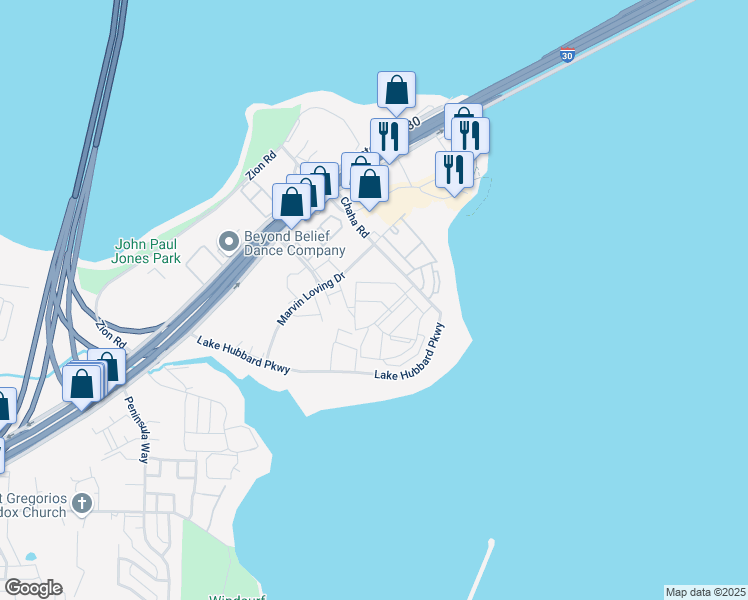map of restaurants, bars, coffee shops, grocery stores, and more near 6015 Bay Island Drive in Garland