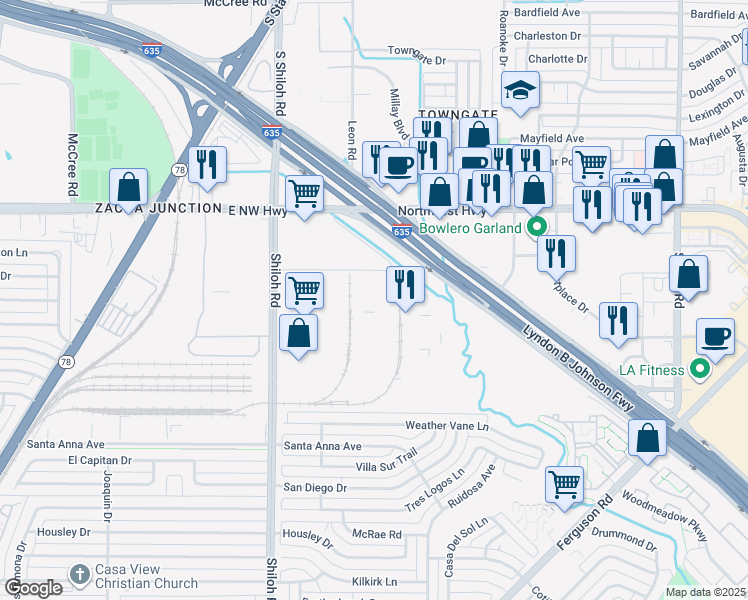 map of restaurants, bars, coffee shops, grocery stores, and more near Corporate Drive in Dallas