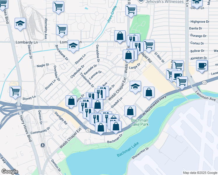 map of restaurants, bars, coffee shops, grocery stores, and more near 9640 Sumter Drive in Dallas