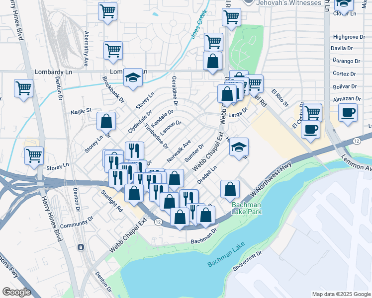 map of restaurants, bars, coffee shops, grocery stores, and more near 9680 Timberline Drive in Dallas