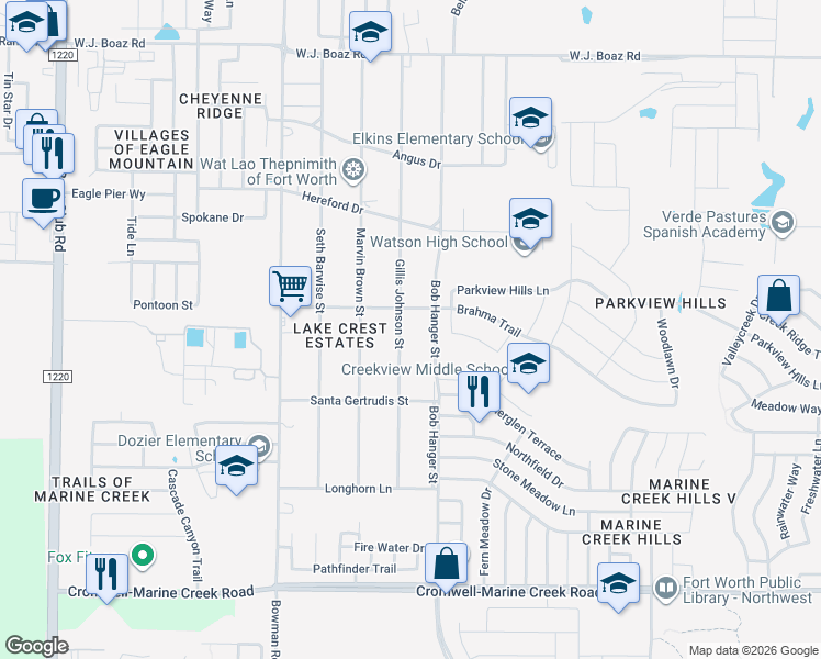 map of restaurants, bars, coffee shops, grocery stores, and more near 6813 Gillis Johnson Street in Fort Worth