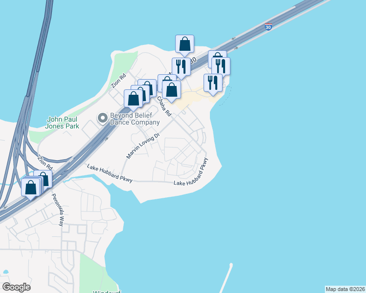map of restaurants, bars, coffee shops, grocery stores, and more near 6015 Bay Island Drive in Garland