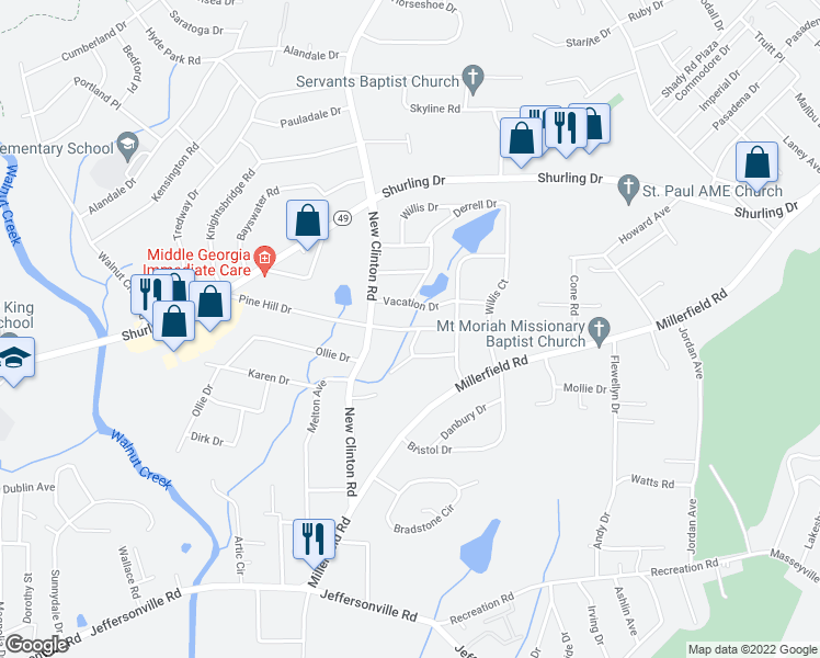 map of restaurants, bars, coffee shops, grocery stores, and more near 2340 East Pine Hill Drive in Macon