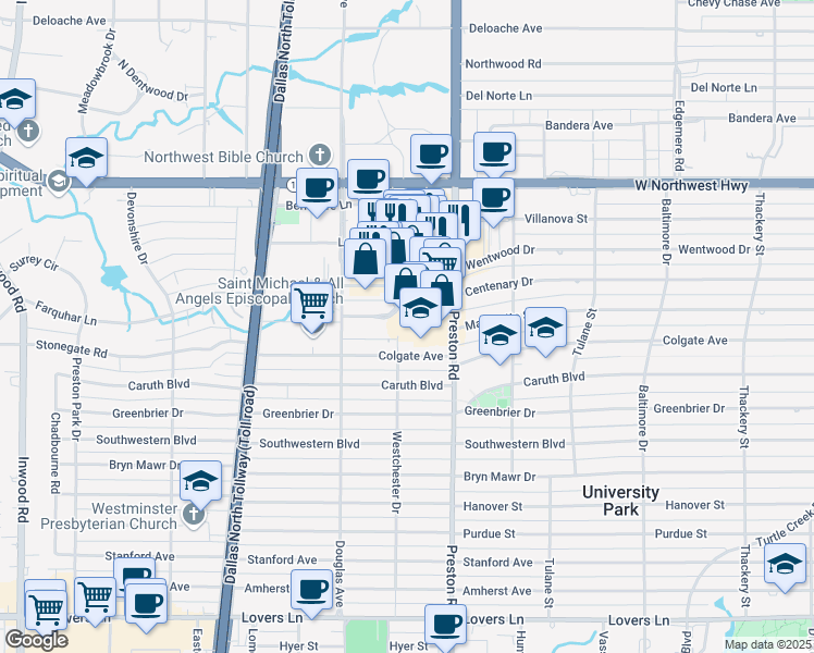 map of restaurants, bars, coffee shops, grocery stores, and more near 4100 Colgate Avenue in Dallas
