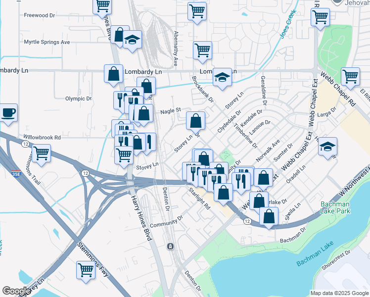 map of restaurants, bars, coffee shops, grocery stores, and more near 2846 Storey Lane in Dallas