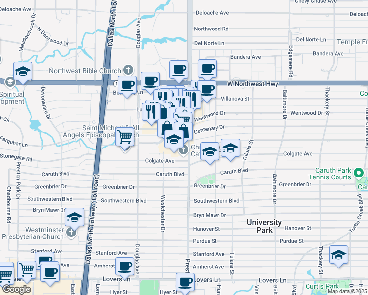 map of restaurants, bars, coffee shops, grocery stores, and more near 8115 Preston Road in Dallas