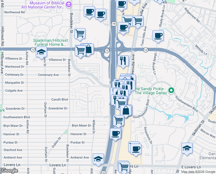 map of restaurants, bars, coffee shops, grocery stores, and more near 5500 Caruth Haven Lane in Dallas