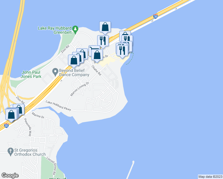 map of restaurants, bars, coffee shops, grocery stores, and more near 4505 Chaha Road in Garland