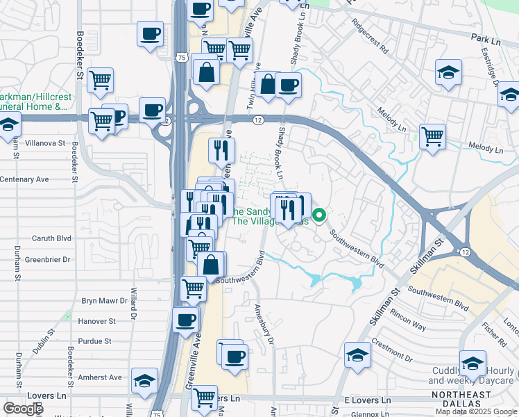 map of restaurants, bars, coffee shops, grocery stores, and more near 5787 Caruth Haven Lane in Dallas