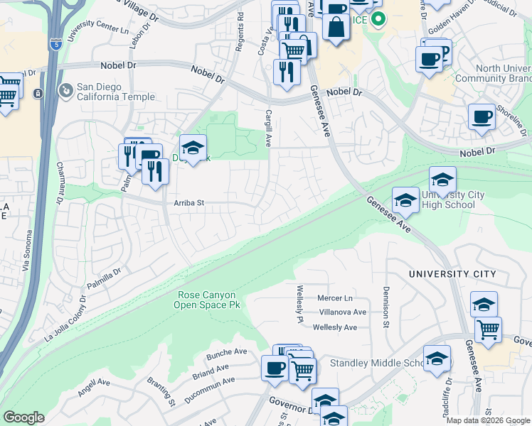 map of restaurants, bars, coffee shops, grocery stores, and more near 7833 Camino Huerta in San Diego