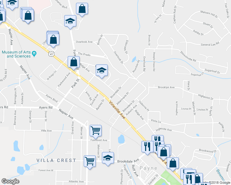 map of restaurants, bars, coffee shops, grocery stores, and more near 198 Riverdale Drive in Macon