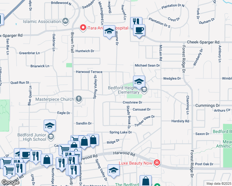 map of restaurants, bars, coffee shops, grocery stores, and more near 964 Simpson Terrace in Bedford