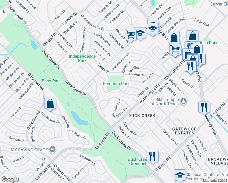 map of restaurants, bars, coffee shops, grocery stores, and more near 209 Havenwood Lane in Garland