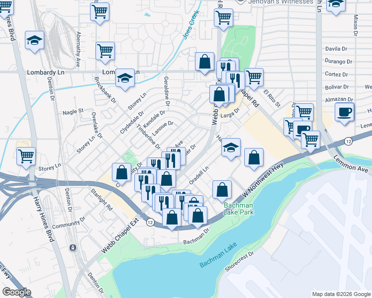 map of restaurants, bars, coffee shops, grocery stores, and more near 9680 Timberline Drive in Dallas