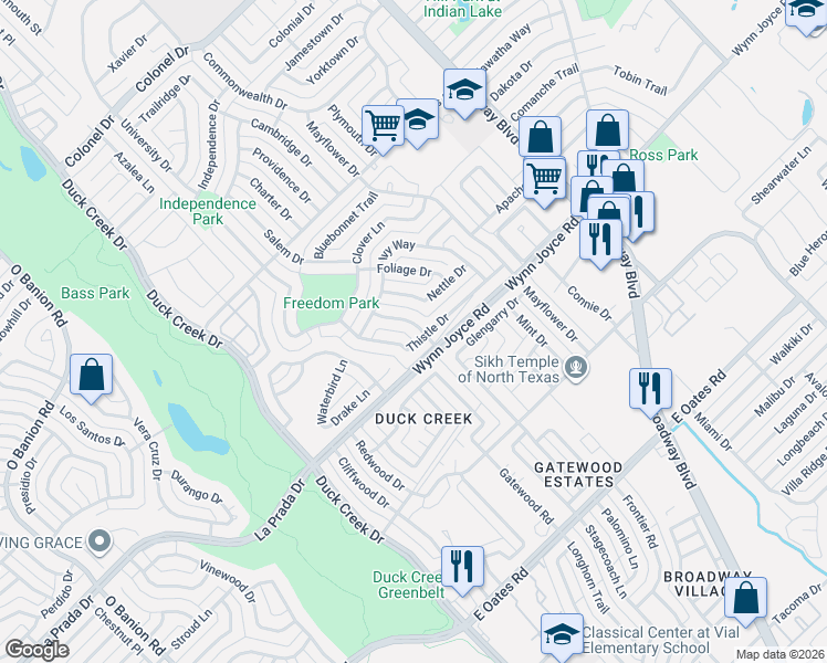 map of restaurants, bars, coffee shops, grocery stores, and more near 344 Thistle Drive in Garland