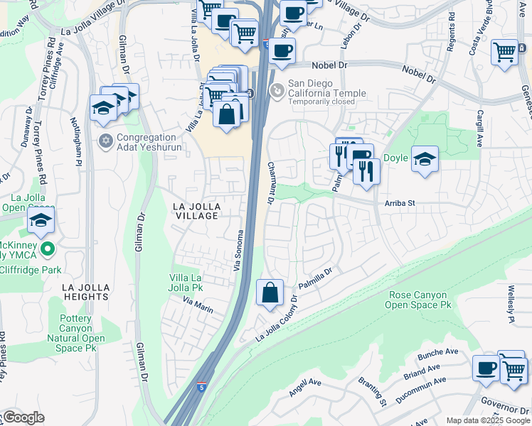 map of restaurants, bars, coffee shops, grocery stores, and more near 7548 Charmant Dr in San Diego