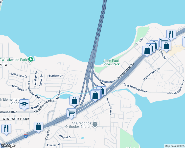 map of restaurants, bars, coffee shops, grocery stores, and more near 4222 Zion Road in Garland