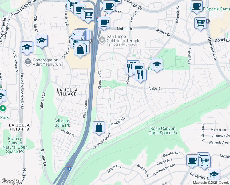 map of restaurants, bars, coffee shops, grocery stores, and more near 4020 Porte De Palmas in San Diego