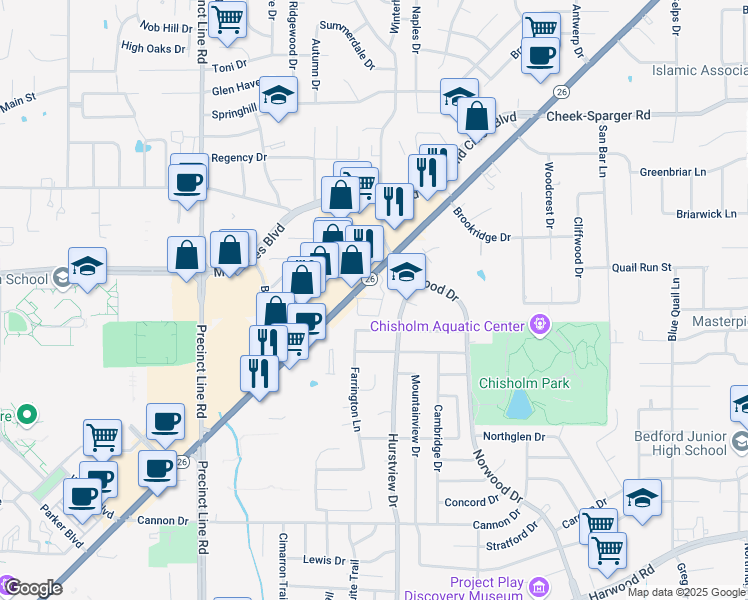 map of restaurants, bars, coffee shops, grocery stores, and more near 645 Grapevine Highway in Hurst