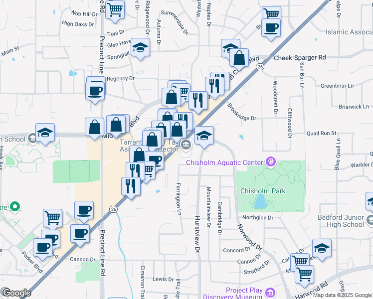 map of restaurants, bars, coffee shops, grocery stores, and more near 645 Grapevine Highway in Hurst