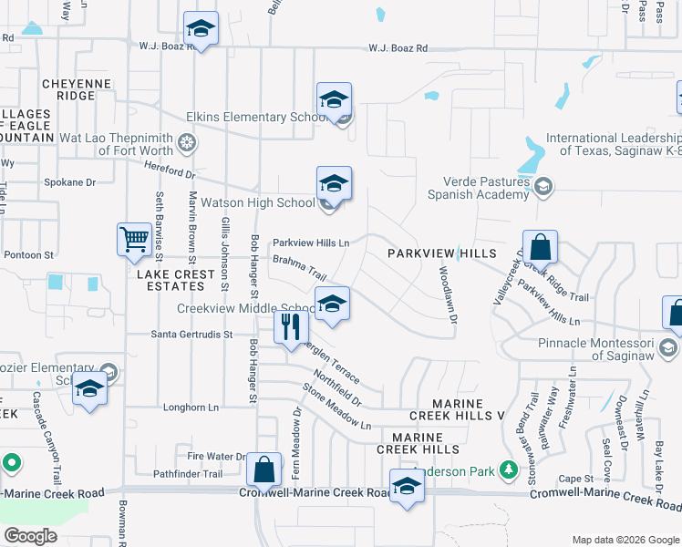 map of restaurants, bars, coffee shops, grocery stores, and more near 6812 Turtle Stream Drive in Fort Worth