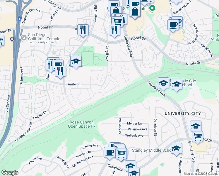 map of restaurants, bars, coffee shops, grocery stores, and more near 7849 Camino Glorita in San Diego