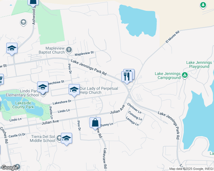 map of restaurants, bars, coffee shops, grocery stores, and more near 9921 Saddleback Drive in Lakeside